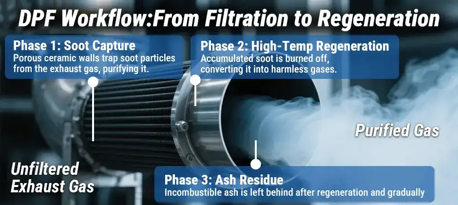 Infographic showing the 3-phase DPF workflow: 1. Soot is captured from exhaust. 2. Soot is burned off during regeneration. 3. A small amount of ash remains.