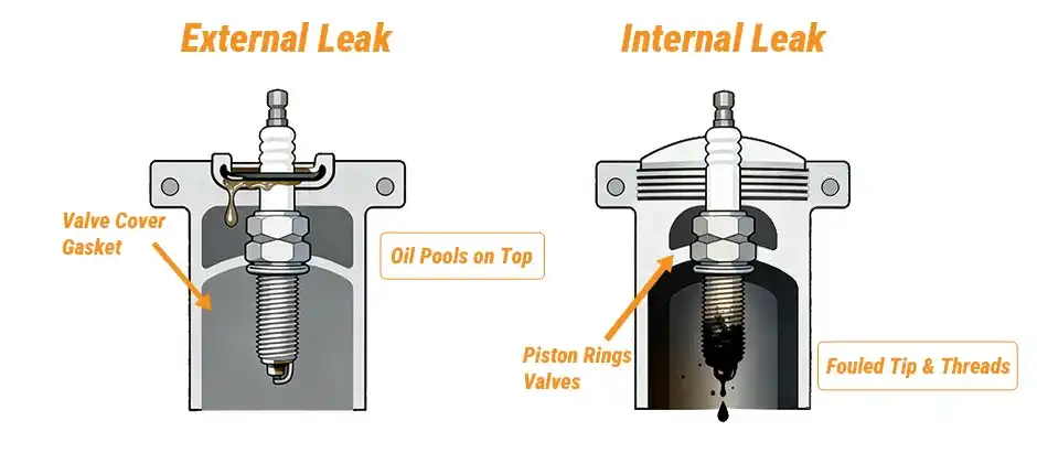 Diagram comparing an external oil leak versus an internal oil leak on a spark plug. The external leak shows oil pooling on top of the plug, while the internal leak shows oil fouling the tip and threads inside the combustion chamber.