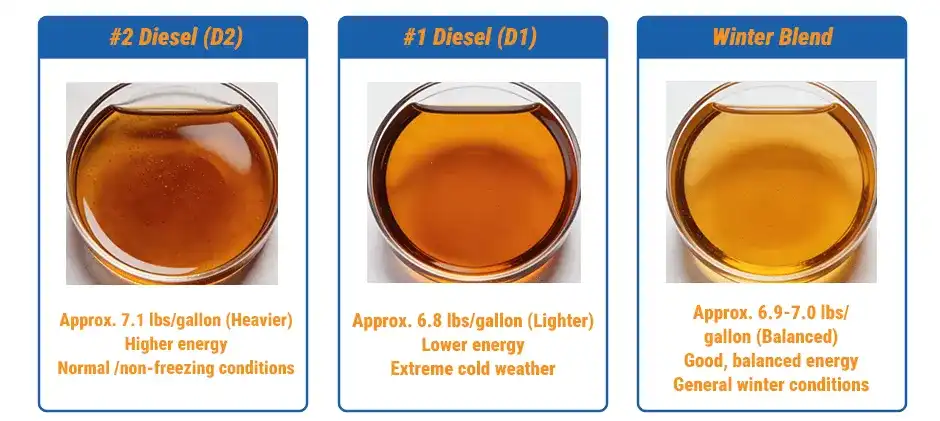 An infographic comparing three types of diesel fuel for machinery: #2 Diesel (heavier, higher energy for normal conditions), #1 Diesel (lighter, lower energy for extreme cold), and Winter Blend (balanced for general winter use). Each fuel is shown in a petri dish to illustrate its properties.